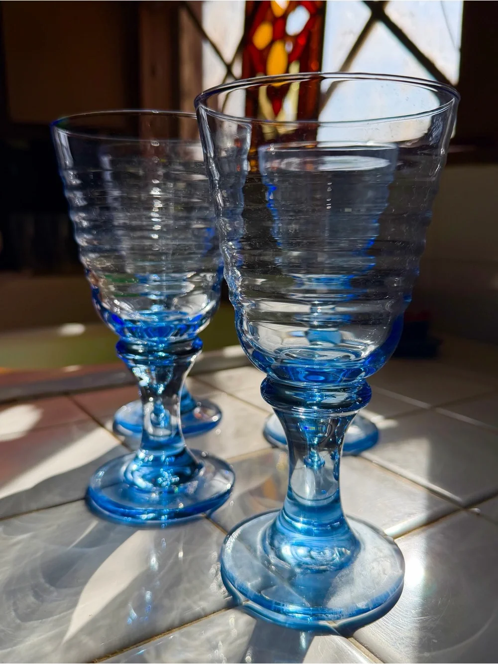 Set of Four, Vintage 90s Blue Ribbed Glass Goblets - Set of Decorative Glasses